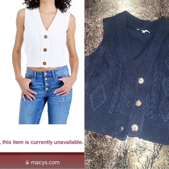 Hooked Up by IOT Tops - Hooked Up Navy Cable Knit Crop Button Sweater Sleeveless Top